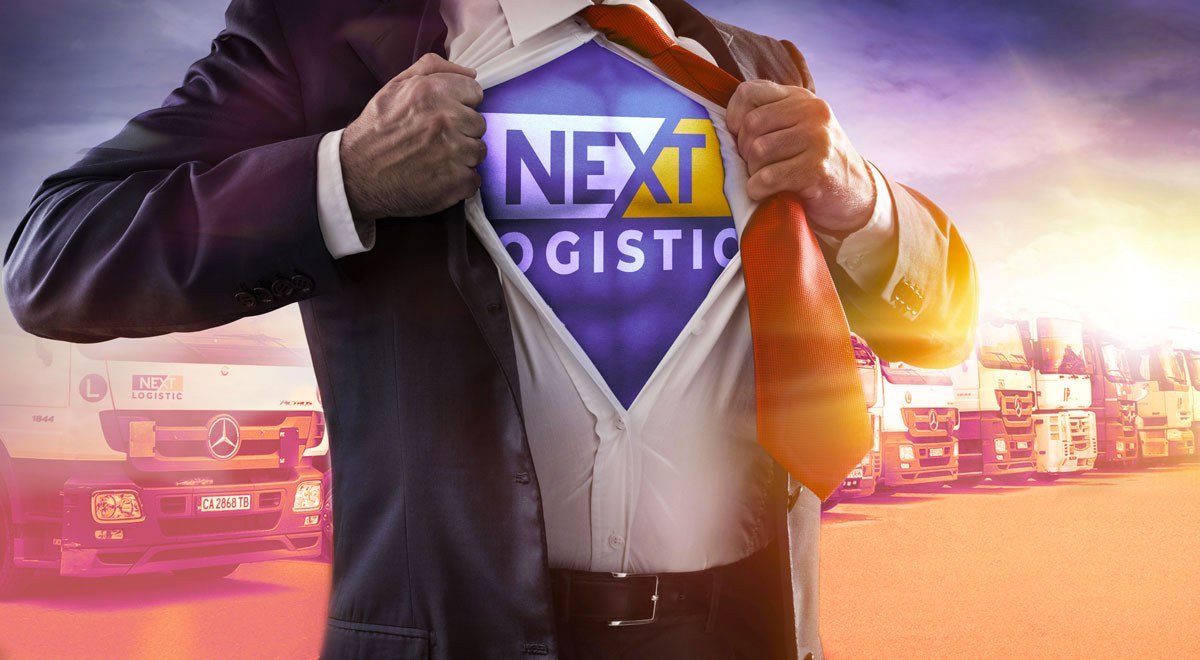 Superhero bussiness man with Nextlogistic logo under his shirt